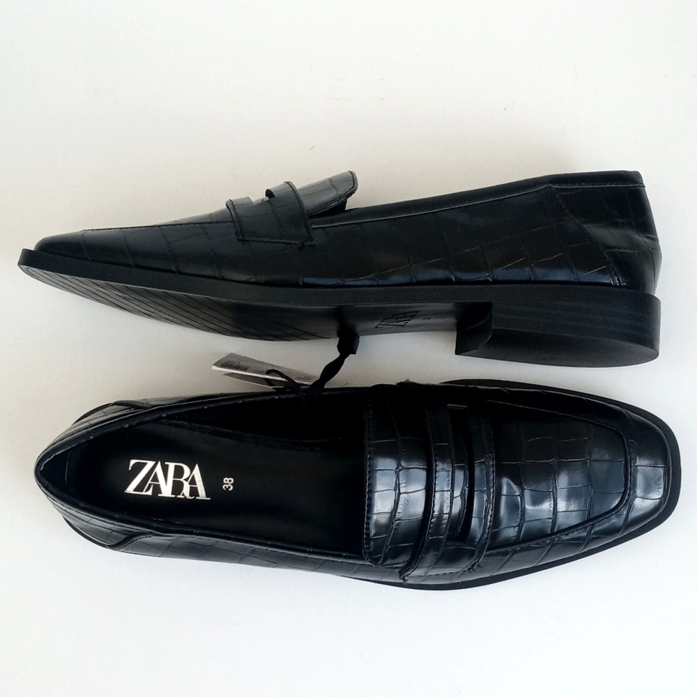 Zara Women's Black Alligator Embossed Square Toe Flat Penny Loafers 38 (7.5) - Picture 8 of 16